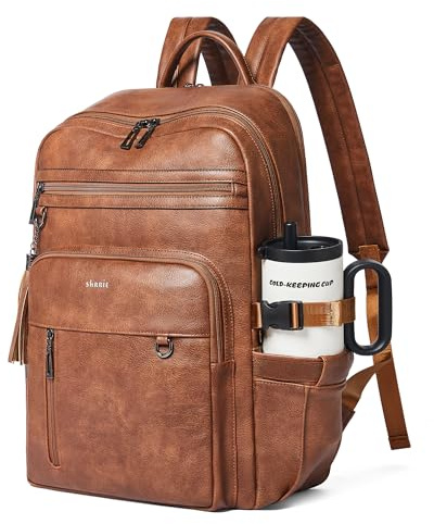 SHRRIE veganskt läder laptop-ryggsäck för kvinnor, 17 tums datorryggsäck för arbete affärer resor med tumlarhållare ficka, Brun, 12L x 7W x 18H