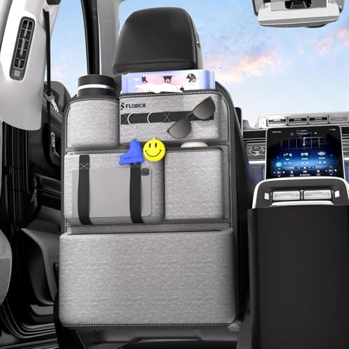 FLORICH Autositz Organizer PU-Beschichteter Rückenlehnenschutz Mehrfach Organizer Auto Kinder Viele Taschen Multifunktional Wasserdicht Universal passend für Autofahrten mit Kindern (Grau, 1 Stück)