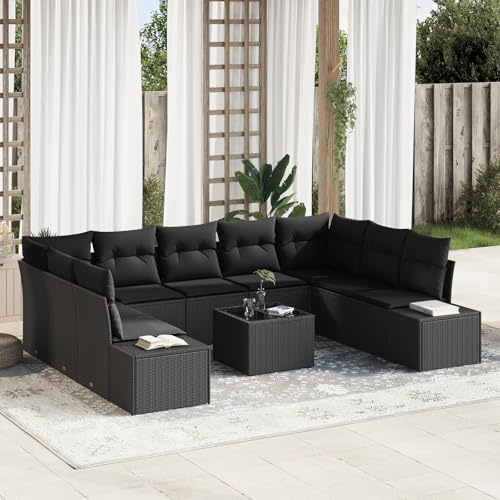IBUQDDV 10-teiliges Garten-Sofa-Set aus Poly-Rattan in Schwarz mit beigen Kissen, modulares Outdoor-Möbel für Terrasse und Balkon, Lounge-Set mit Tisch, wetterfest und langlebig
