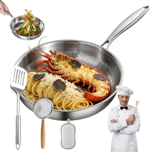 Padella in Titanio, Padelle in Titanio con Coperchio e Spatola, Padella Titanio per Cucina e Campeggio, padelle titanio Martellate Professionali per Qualsiasi Piano Cottura (Senza coperchio, 22cm)