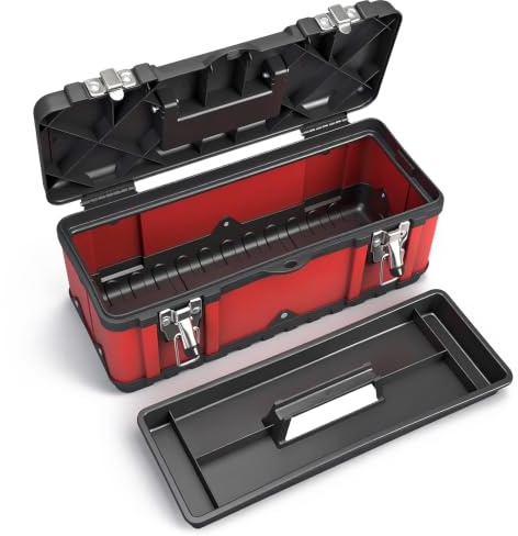 TCE Steel Tool Box 39.5cm Small Portable Tool Organizer Box | Portable Toolbox with Built-in Short Non-slip Handle Car Box with Removable tray and Organisers