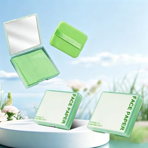 Oil Blotting Paper - 300 Sheets with Mirror, Puff & Refills, Absorbs Excess Face Oil, Controls Shine, Saves Makeup, The On-the-Go Essential for a Flawless, Matte Finish All Day (Green)