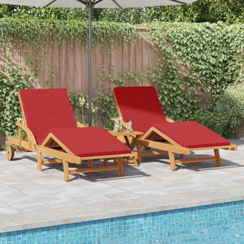 Versear Sonnenliege Klappbar Wetterfest Holz Gartenliege mit Räder,Liegestuhl Verstellbare Rücken- Fußlehne Garten,Holzliege Balkon Liege-Rot-2x Sonnenliege + Tisch