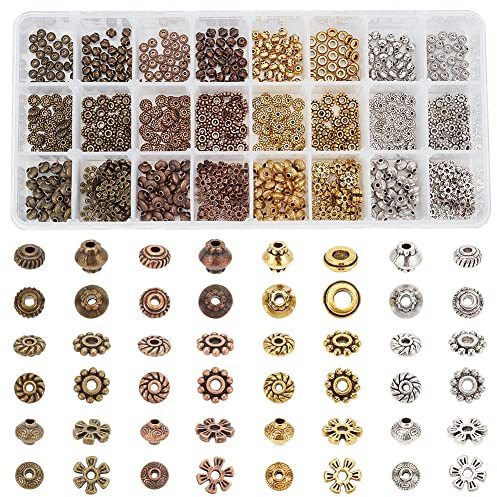 PandaHall 720pcs Metall Abstandsperlen, 6-Stil Tibetan Gear Bicone Blume Perlen Legierung Schmuck Lose Perlen für Armband Halskette Schmuck Herstellung (Antik Silber, Bronze, Golden, Rose Golden)
