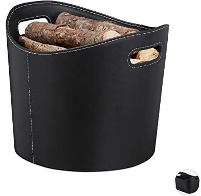 Relaxdays Cesto Portalegna L, per Camino, Borsa in Similpelle, Stabile e con Manici, Legname, Ovale, Trasportabile, Nero