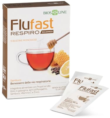 BIOS LINE Flufast Respiro Balsamico, 9 Bustine Monodose di Integratore Alimentare Ideale per il Benessere delle Vie Respiratorie