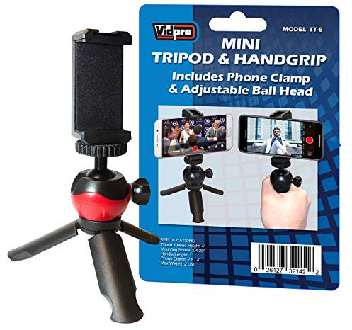 Vidpro TT-8 Mini Tripod and Handgrip with Ball Head for Smartphones and Cameras. for Camcorders, Small DSLRs, Mirrorless and Phones. Shoe Mount for attaching Lights and Mics. Zoom Video Conferencing