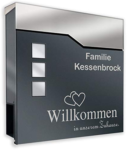 Zalafino Briefkasten anthrazit RAL 7016 mit Beschriftung - individualisierbarer Design-Briefkasten aus pulverbeschichtetem Stahl mit Zeitungsrolle und 3 Sichtfeldern