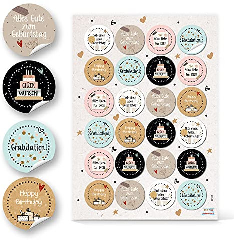 Spruchaufkleber Glückwünsche, 24er Set: Runde Sticker Geburtstag, Aufkleber Rund, Spruch Geschenke, Geschenkaufkleber Happy Birthday, Sprüche zum Aufkleben, Give-Away Freundschaft, Klein, ⌀ 4 cm