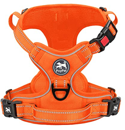 PoyPet Keine Pull Hundegeschirr, Reflektierendes Hundegeschirr für Hunde ohne Choke, Verstellbare, weich gepolsterte Haustierweste mit Easy Control-Griff für kleine bis große Hunde (Orange,M)