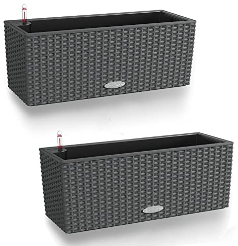 Lechuza Uppsättning 2 Balconera stuga 50 självvattnande plantar plast inomhus och utomhus blomma rotting look växtkruka fönsterlåda med dräneringshål H 19 L 50 B 19 cm granit