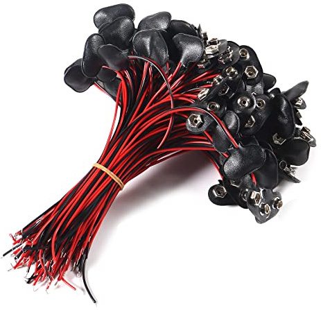 Lot de 30 connecteurs à clip de type T 9 V pour batterie 9 V - Connecteur long à boucle de connexion rigide - Noir et rouge - Pour les étudiants, les expériences ou d'autres équipements avec batterie