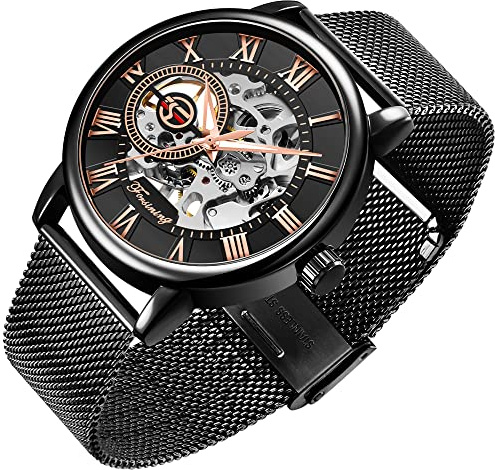 Men's Skeleton Watch Classic Roman Numeral Steampunk Mechanical Watch Hand-Wind Mens Watches (Blue)