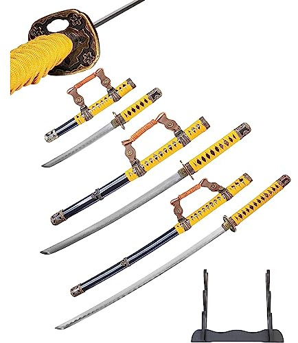 Schwert Set - Katana Schwert Echt, Wakizashi, Tanto - Samurai Schwert aus Stahl - Samurai Schwerter als Anime Deko - Japanisches Sword mit Schwertständer - Ninja Schwert