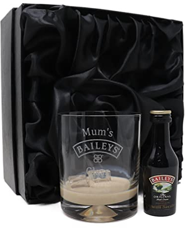 Regalo Personalised Dimple Glass Tumbler & Baileys 5cl Miniature Gift Set | Custom Laser Engraved with Any Name | 9oz Glass for Irish Cream Over Ice | 18+ (Silk Lined Gift Box)