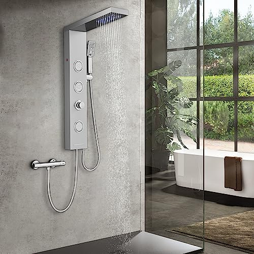 ROVOGO Panneau de douche LED sans robinet, colonne de douche avec 4 fonctions, douche à effet pluie sans robinet, douche de massage, douchette à main et bec de baignoire pour salle de bain, colonne de