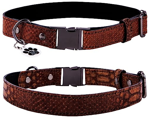 FAVPET Echtleder Dünnes Halsband Hund Verstellbar mit QR Code Anhänger, Hochwertige Hundehalsbänder mit Klickverschluss, Verstellbares Hundehalsband Leder Schmal, Lederhalsband Hund (L, Braun)