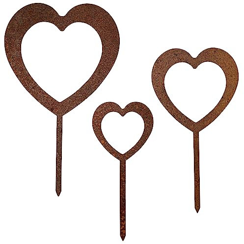 EXTRAVAGANT® Set di 3 tappi a forma di cuore, decorazione da giardino in metallo, acciaio ruggine, resistente alle intemperie, per aiuole da giardino
