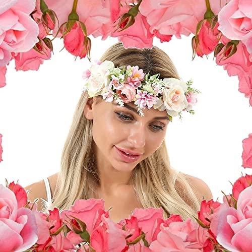 BeauFairy Bianco Rosa Fasce Corona, Boemia Con Nastro Ghirlanda, Fascia Ghirlande Finte Regolabili Fascia per Corona di Fiori, Utilizzato per Matrimoni, Feste Festive, Spiagge Fotografia Viaggio