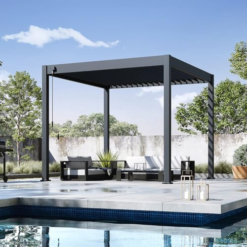 Weide Classic Pergola freistehend mit verstellbarem Lamellendach | Witterungsbeständiger Pavillon für Garten & Terrasse mit Handkurbel und integriertem Wasserablauf 3 x 3 m Anthrazit