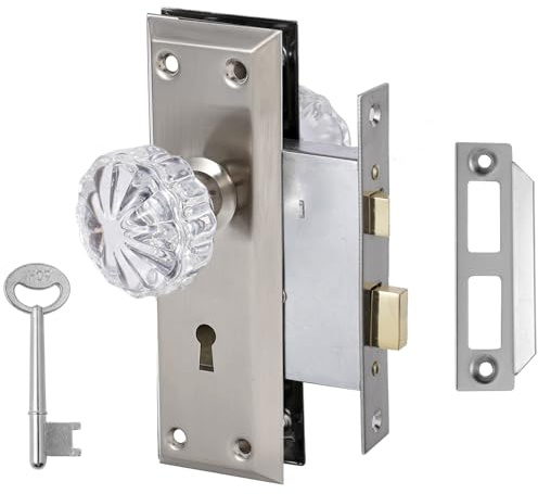 ToPToToo Mortise Lock Set for Interior Door,Antique Door Knobs with Lock and Skeleton Key, Crystal Glass Door Knob Replacement, Brushed Satin Nickel Finish