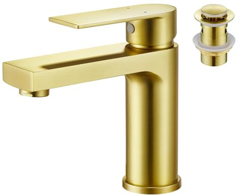 Aktines Rubinetto per Lavabo Bagno angolare, Rubinetto Miscelatore Monocomando ad Alta Pressione da bagno con Scarico a Scomparsa acciaio inossidabile, Oro