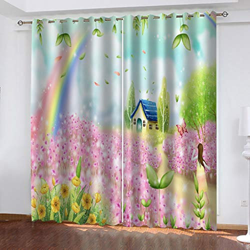 MAYNUO Blickdichte Vorhänge Mit Motiv 3D Rosa Blume Cottage Kinder Gardinen Blickdicht Ösen Gardine Thermo 264x214 cm Schlafzimmer Kinderzimmer Vorhänge Dekoratives Muster, Verdunklungsvorhänge