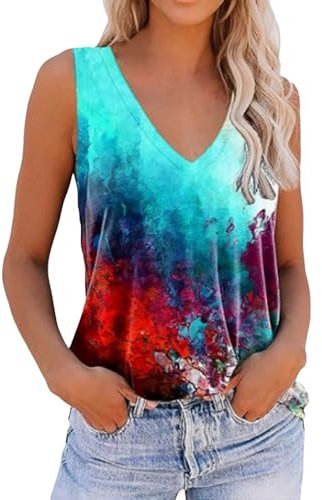 DeaAmyGline Tank Top Damen Sommer Ärmellose T Shirt V Ausschnitt Oberteile Lockere Lässig Tanktop Tshirt Bedruckt Bluse Basic Tunika Weste Tanktops & Träger-Tops für Frauen Teenager Mädchen