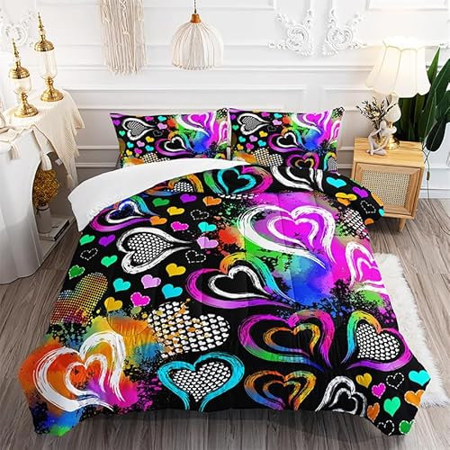Bettdecke 140X200 Bunte Liebe Bettdecke 200Gsm, Dünne Und Leichte Steppdecke,Antiallergisch 4 Jahreszeiten Bettdecken,Weiche Mikrofaser Bettdecken Mit Kissenbezüge
