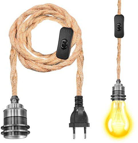 E27 Lampenfassung mit Kabel, Hanfseil Pendellampe Kit Lampenfassung Pendelleuchte mit Stecker und 1,8M Kabel E27 Vintage Lampenkabel HäNgende Leuchte für Dining Hall Schlafzimmer Home (Ohne Glühbirne)