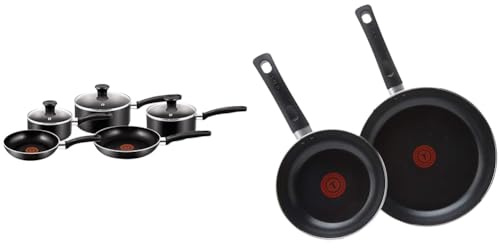 Tefal Essential, Aluminium Pots and Pans Set, 16 cm, 18 cm and 20 cm Saucepans with Lids & Taste Twin Pack, Aluminium Frying Pans, Pan Set, Pans 20 cm and 28 cm Diameter, Non-Stick
