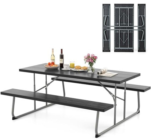 COSTWAY Bierzeltgarnitur klappbar, 183 cm Biertischgarnitur in Holzoptik, Biertisch mit HDPE-Tischplatte, Schirmloch & Metallrahmen, Festzeltgarnitur Sitzgarnitur für Garten, Terrasse, Hof, Schwarz