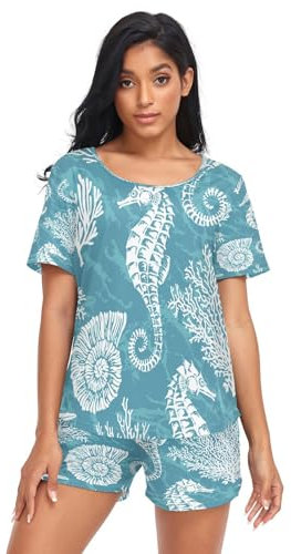 HMZXZ Damen Schlafanzug-Set MeerPferd Koralle Sommer Pyjama Woman Set,Meer Muschel Loungewear und Shorts Lounge Set Sleepwear Nachtwäsche