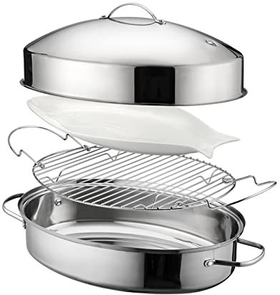 CTCOIJRN Oval Roasting Pan with Rack and Lid - Stainless Steel Multi-Use Oval Dutch Oven Fish Dish Turkey Chicken Roasting Pan Great for Tender Roast, Deep Dishes, and More(Regular)