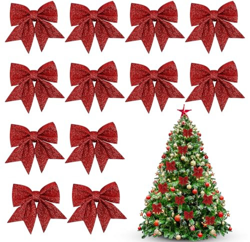 12 Stück Rote Schleifen Weihnachten, 12x14cm Schleifen Weihnachtsbaum, Weihnachtsschleifen Rot, Weihnachtsbaumschmuck Deko für Weihnachtsbaum Weihnachtskranz Tannenbaum Weihnachtsbaumschleifen