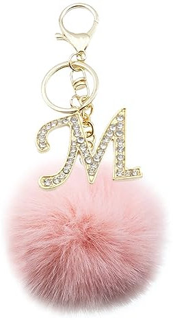 Xsclpomddy Pom Poms Schlüsselanhänger künstliche weiche Kaninchenhaar Taschenanhänger mit Goldene Anfangsbuchstaben A-Z für Handtasche,pink M
