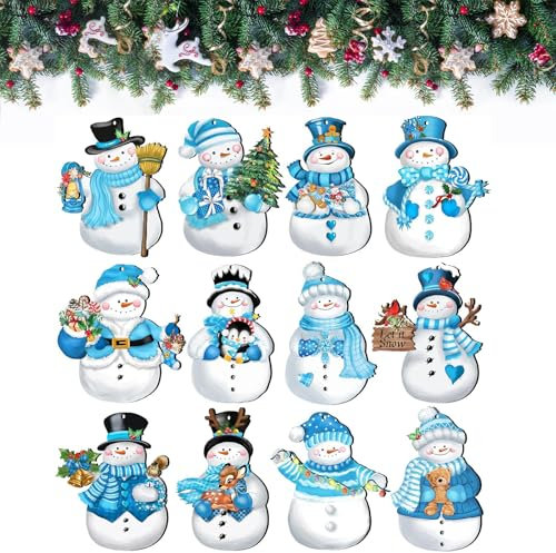 Déco Noël Bois,Christmas Tree Decorations,12 Pendentif en Bois de Noël,Decoration Sapin Noel en Bois,Deco noel Sapin,Decoration Noel Bois,Forme de Bonhomme Neige,Suspensions pour Sapin Noël avec Corde