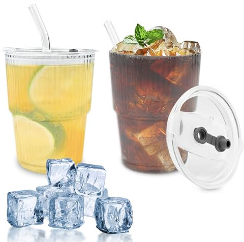 Newpop 2 pezzi Tazzine Caffe Vetro, 400 ml Bicchierini Bicchieri da Espresso, Tazze da Cappuccino, Tazza Trasparente Ermetico e Impermeabile con Coperchio e Cannuccia, per Latte tè Macchiato, Whisky