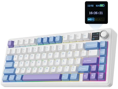 EPOMAKER X Aula F75 MAX Teclado Gaming Mecánico Inalámbrico, Blanco Morado | Pantalla TFT y Perilla, Formato de 75% US, Gasket, Intercambiable en Caliente, para PC/Mac/Linux, Reaper Switch