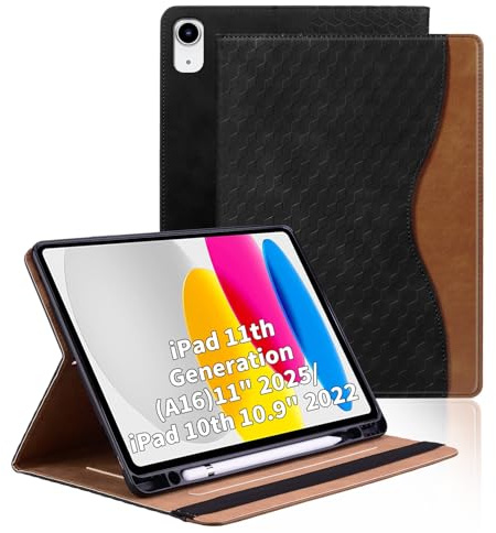 Vkooer Hülle für iPad A16 11. Generation 2025 /ipad 10. Generation 10.9 Zoll Schutzhülle mit Pencil Halter Ledertasche Cover mit Kartentasche Folio Case - Schwarz