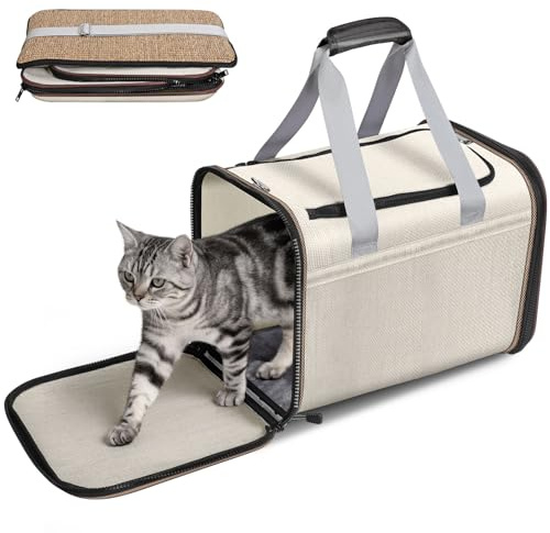 HEVOL Katzentransportbox, Transporttasche für Katzen und Welpen bis 10kg, Taschetransportbox Katze mit atmungsaktivem Netz, Leichte faltabre Katzen Transport für Tierarzt/Auto/Flugzeug