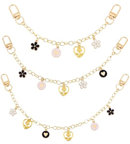 Hobbspring 3 Stück Goldene Dekorative Taschenkette 3 Größen Ersatz Verlängerungstaschenkette Geldbörsenketten Mit Blumen Herz Emaille Anhänger Für Damen Umhänge Und Schultertaschen Dekorativ