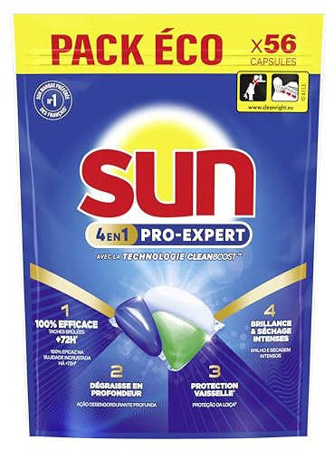 Sun - Pro Expert - Pastilles Lave Vaisselle - Action 4 en 1 - Regular - Elimine 100% des taches brûlées de +72h - dégraissent en Profondeur - 56 Capsules