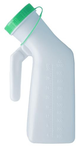 1 Pack Male Urinal Bottle with Glow in The Dark Lid, 33oz/1000mL Plastic Mens Bedpan Bottle with Spill Proof Screw Cap for Travel & Urine Collection, Measuring Scale | Easy Grip Handle (Green)