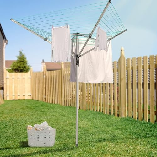 Innotic Umbrella-Shaped Clothes Drying Rack， Folding Clothes Line – Rotary Airer,50m Heavy Duty Rotary Washing Line | Outdoor Rotary Clothes Dryer with Non-Slip Lining, Ground Spike, and Cover