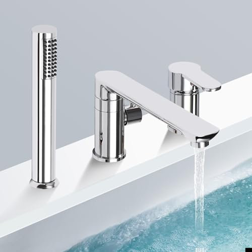 Rubinetto per vasca da bagno a 3 fori, con doccetta estraibile e ugello girevole a 360°, bordo vasca da bagno, set per alberghi e piscine