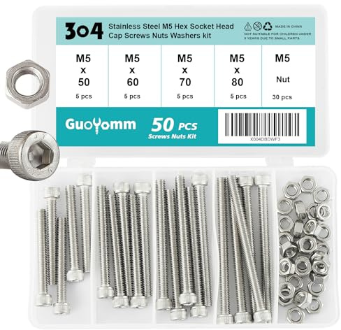 GuoYomm 50 Stück M5 Innensechskant Schrauben mit Muttern 304 Edelstahl Vollgewundene Mechanische Bolzenset in Kombinationsbox, Längen: 50mm 60mm 70mm 80mm