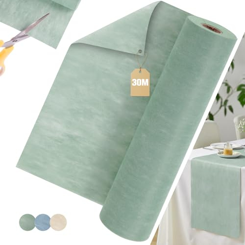 Aevcvok Vlies Tischläufer Grün, 30cm x 30m Tischläufer Modern Eukalyptusgrün Tischdeko Tischband Rolle, Dekoratives Tischband für aufe, Kommunion, Geburtstage, Freien, Hochzeiten und Party