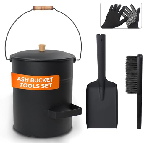 KEFIY 4 Gallon Ash Bucket with Lid and Shovel, Metal Fireplace Ash Bucket with Broom, Complete Fireplace Tools Set for Wood Stove and Fireplace