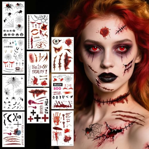 10 Blatt Halloween Tattoos, Halloween Kostüm Damen Herren Accessoires, Zombie Teufel Vampir Hexe Gruselig Gesichtstattoo, Wunden Narben Kunstblut Schminke Spezial Fx Kostüm Make Up Sticker